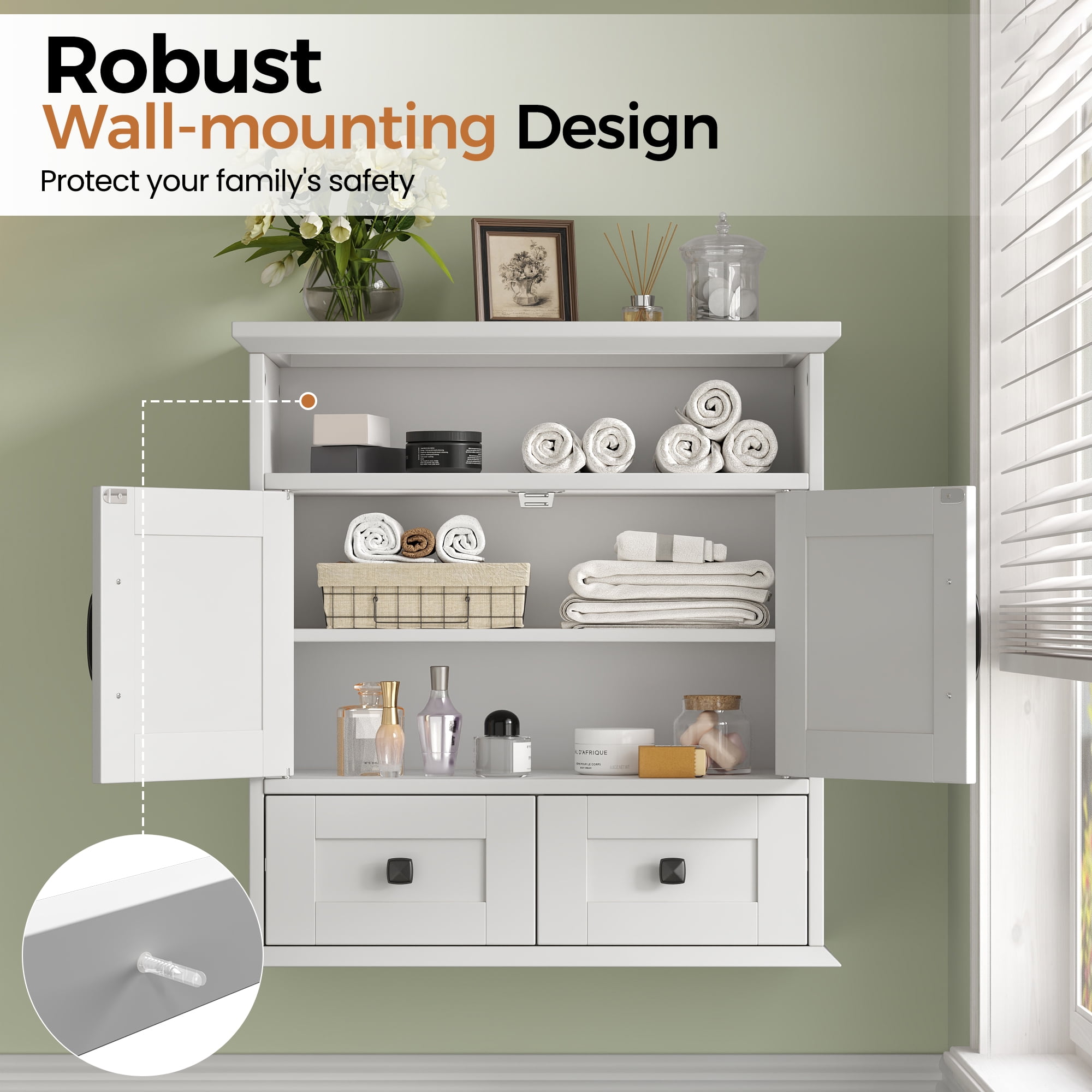 NEGYLIM Wall Mounted Bathroom Cabinet with Barn Door, 2 Drawers and Adjustable Shelves, over Toilet Storage Cabinet for Bathroom Laundry Room, White