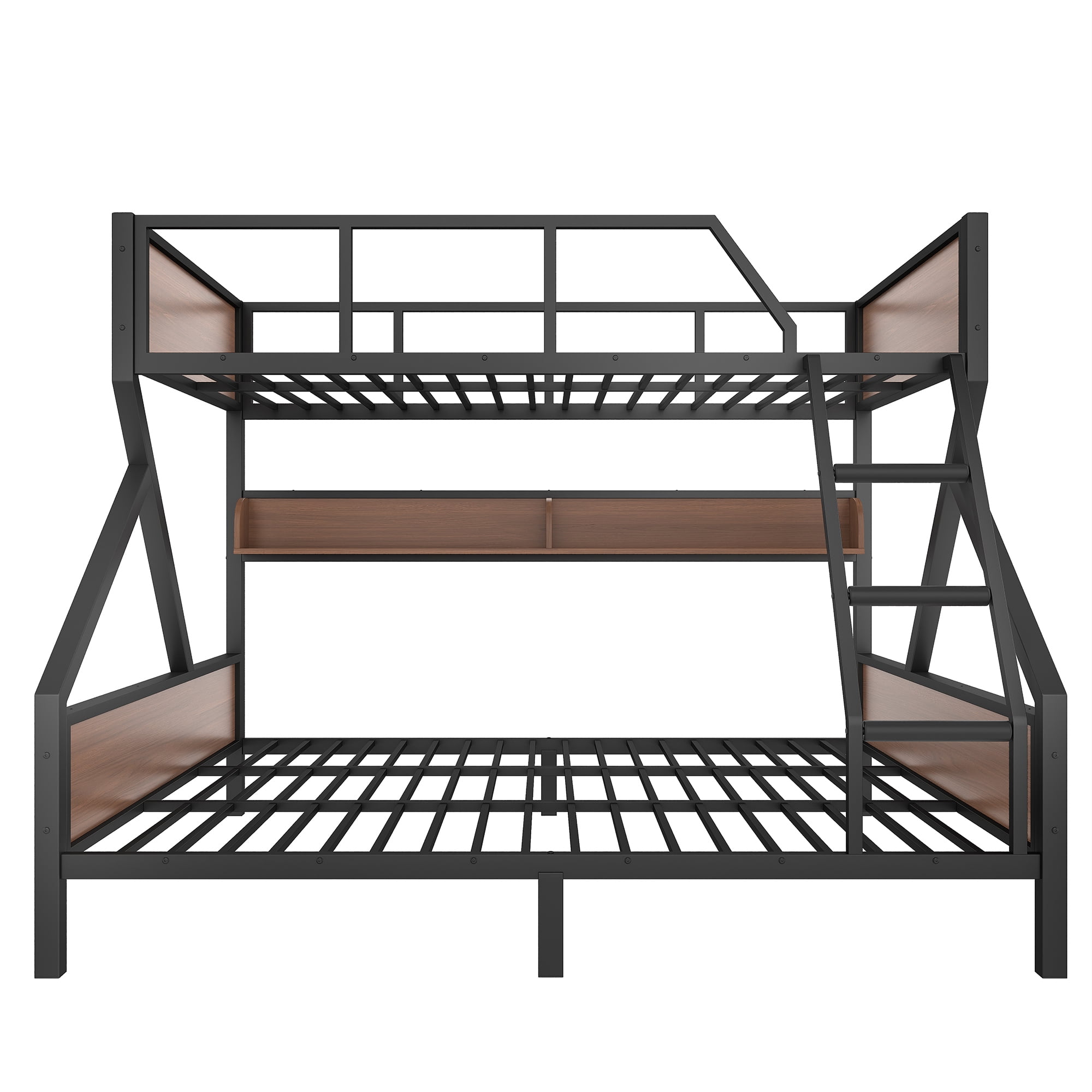 Queen over King Bunk Bed with Storage Shelves and LED Lights, Multifunctoinal Bunk Bed Frame with Ladder and Guardrails, Space-saving & Noise-free Design