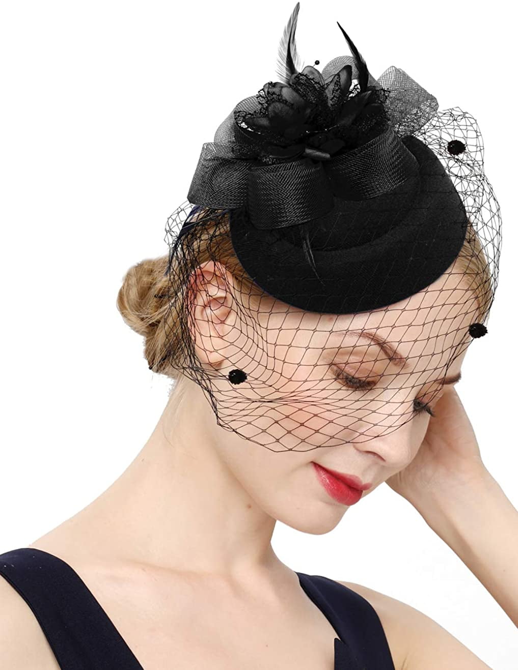 Coolwife Fascinators Pillbox Hat with Veil for Women Headband Tea Party Kentucky Wedding Headwear 