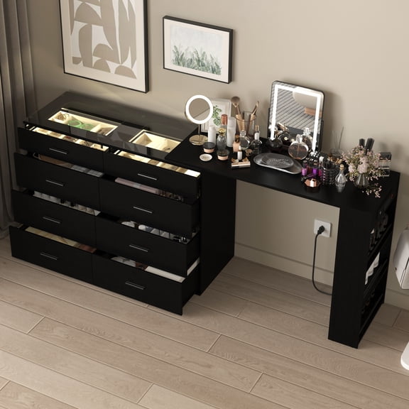 NAIYUFA 42''Glass Top Vanity Desk with LED lights,Makeup Desk with Power Outlets,Makeup Vanity with 8 Drawers and 3 Open Storage Shelves,Extendable Modern Dressing Table for Girls Women Bedroom