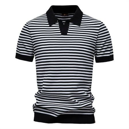 Mens Shirts Under $10 Men Fashion Striped Pattern Knit Shirts Soft Stretch Short Sleeve Muscle T-Shirt Casual Classic Fit Golf Shirts Black XXL
