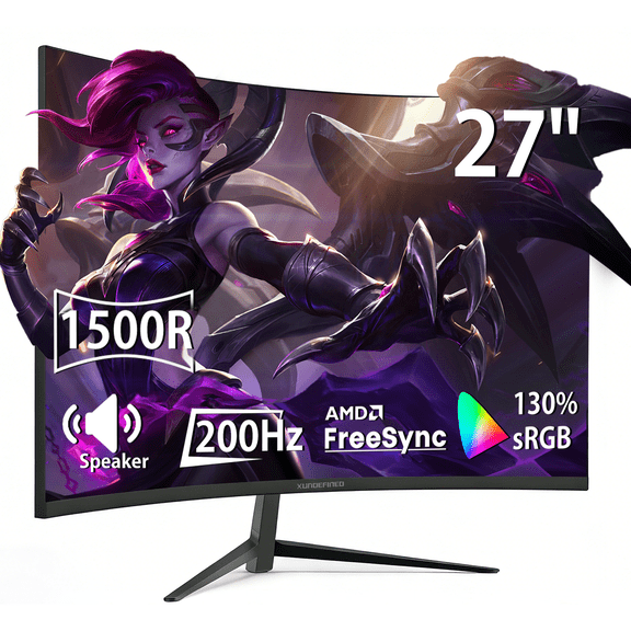 27-inch Curved Gaming Monitor 144Hz/200Hz, FHD (1920x1080p), VA Computer Curved Screen R1500 Gaming PC Monitors with Built-in Speakers for Gaming, 1ms (GtG), F-Sync, G-Sync, HDMI 2.0 DP 1.4, VESA
