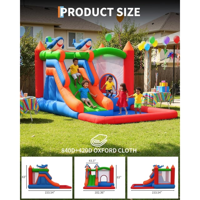 OUYAWEI 5-in-1 Inflatable Bounce House Slide Water Pool Basketball Hoop 840D+420D Oxford Colorful