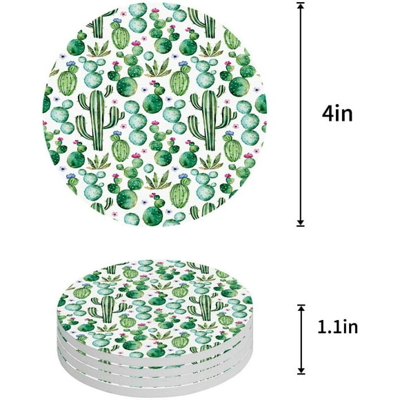 POGLIP Watercolor Cactus Green Set of 6 Round Coaster for Drinks, Absorbent Ceramic Stone Coasters Cup Mat with Cork Base for Home Kitchen Room Coffee Table Bar Decor