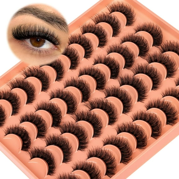 20 Pairs Natural False Eyelashes Cat Eye Lashes Strips Natural Look Wispy D-Curly Faux Mink Eyelashes Thick Volume Strips Lashes Russian 6D Fake Eyelashes