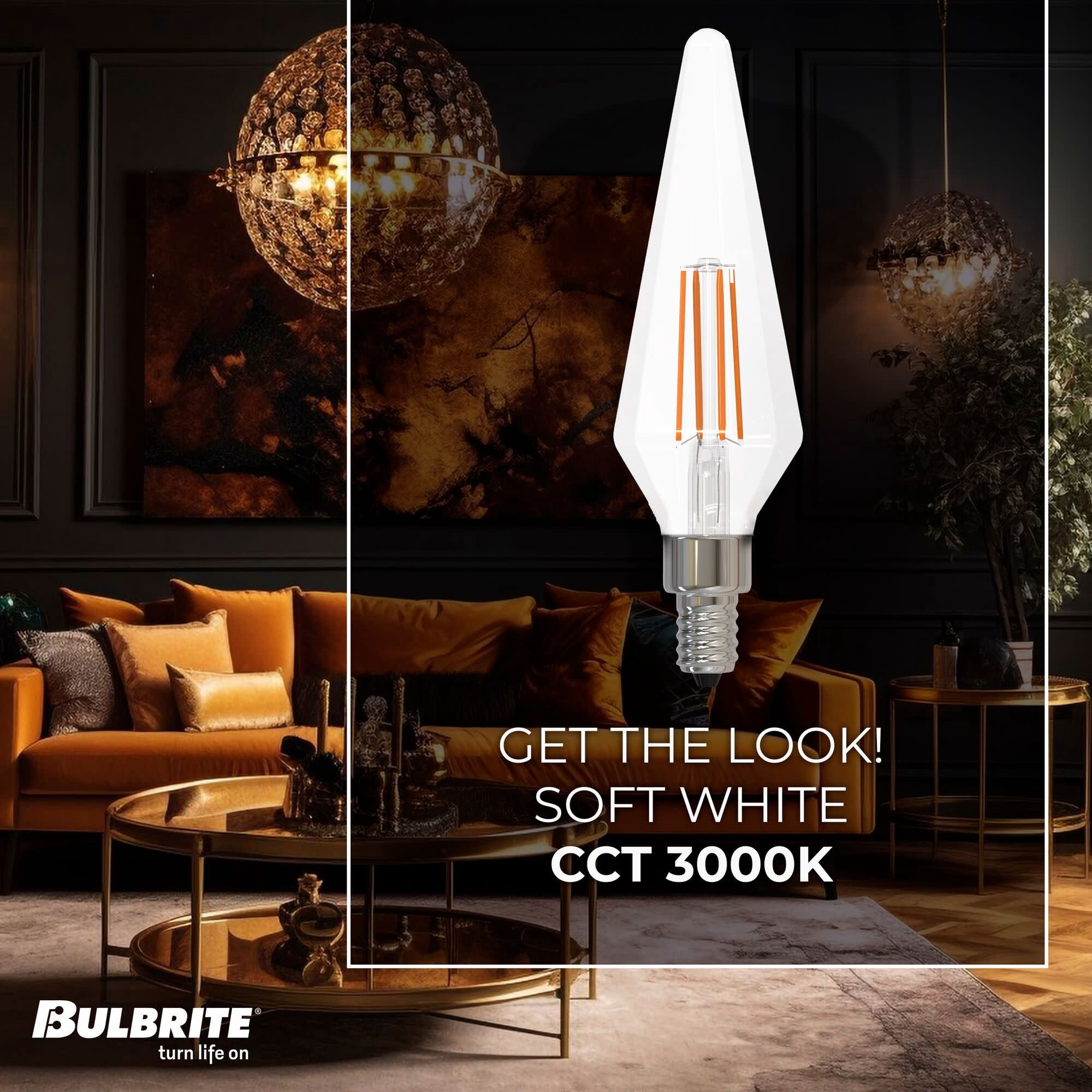 Bulbrite 862861 3000K 350 Lumen 4 watt LED Filament Dimmable Prism Light Bulbs with a Clear & Candelabra E12 Base, Soft White - Pack of 4