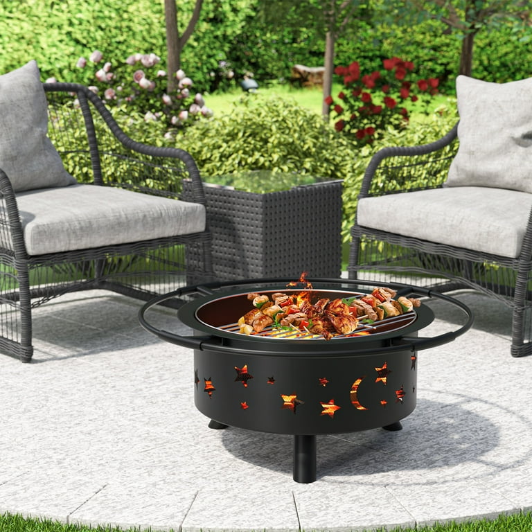 Fire Pits for Outside, Wood Fire Pits, Bonfire Pit, 30 Inch Round Cast Iron  Fire Pit with Grill for Patio, Backyard with Spark Screen, Fire Poker and