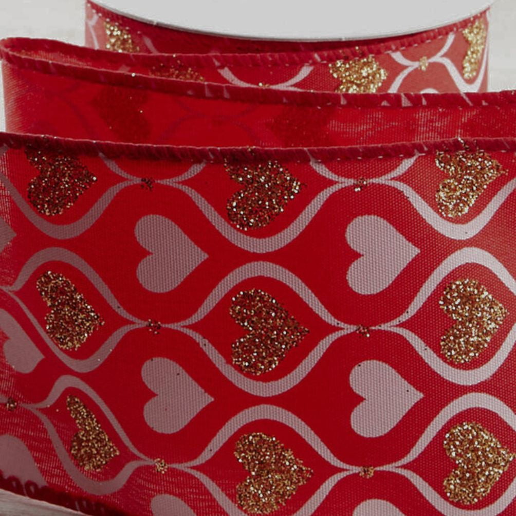 18yds Glittered Gold/Red/Pink Heart Wire-Edged Ribbon - for Valentine's Day - Factory Direct Craft