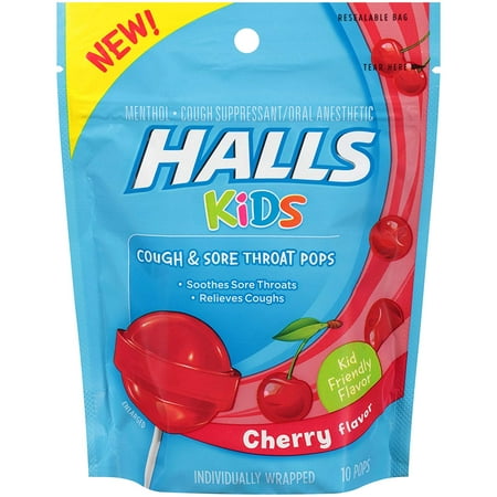 Halls Kids Pops Cough and Sore Throat Cherry, 10 count
