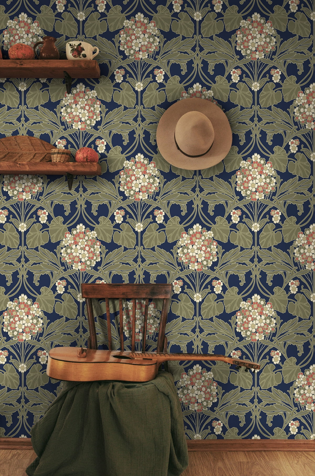 NextWall Dark Blue & Terra Cotta Hydrangea Floral Peel and Stick Wallpaper - 20.9 in. W x 18 ft. L Roll