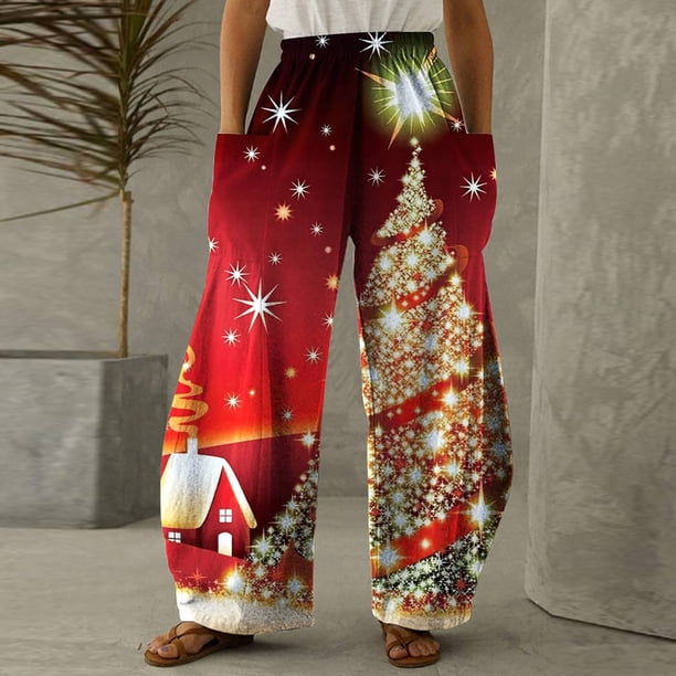 Puntoco Pantalones sueltos casuales vintage con estampado navideño para mujer Pantalones de pierna ancha casuales Pantalones Puntoco Puntoco-3941