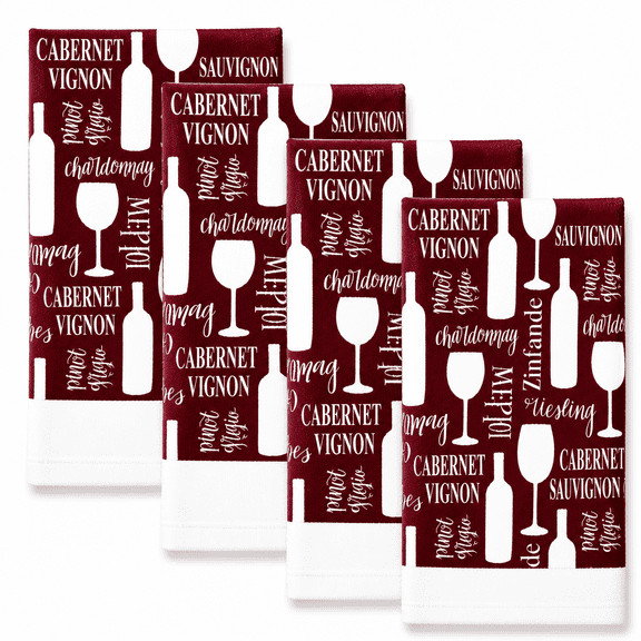 Wine Kitchen Towels Cotton 4 Pack Dish Cloths 15 x 25 Inch Burgundy Decorative Absorbent Farmhouse
