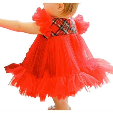 

Christmas Baby Girls Dress Kids Ruffle Sleeve Plaid Patchwork Tulle Tutu Dress Princess Girls Clothes 1-6Y