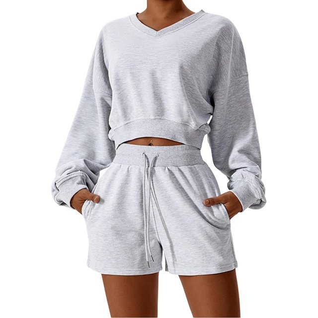 Women Two Piece Outfits Tracksuit Half Zip Lapel Cap Sleeve Sweatshirt High Waist Drawstring Shorts Set Sweatsuit