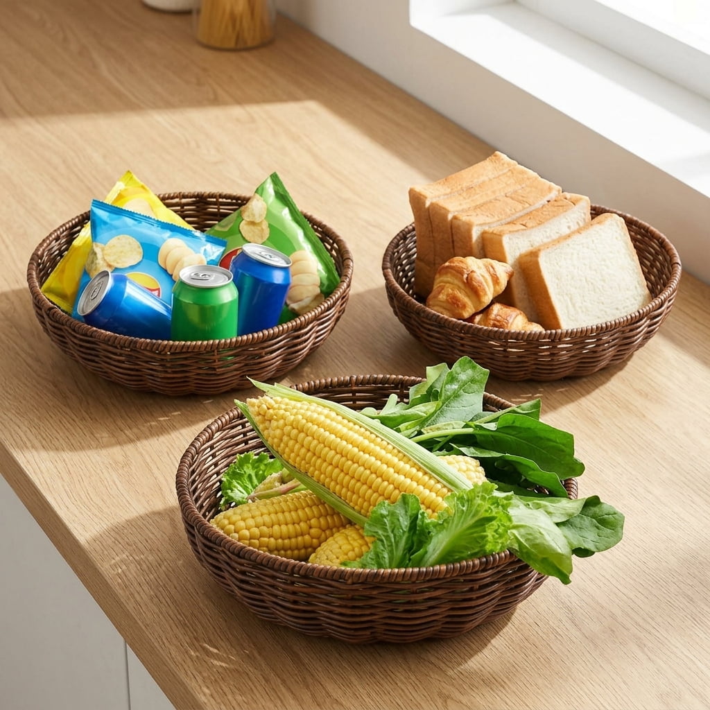 Serving Baskets Set of 3, Round Poly Wicker Bread and Fruit Basket for Food, Washable Storage Bowls for Kitchen Counter