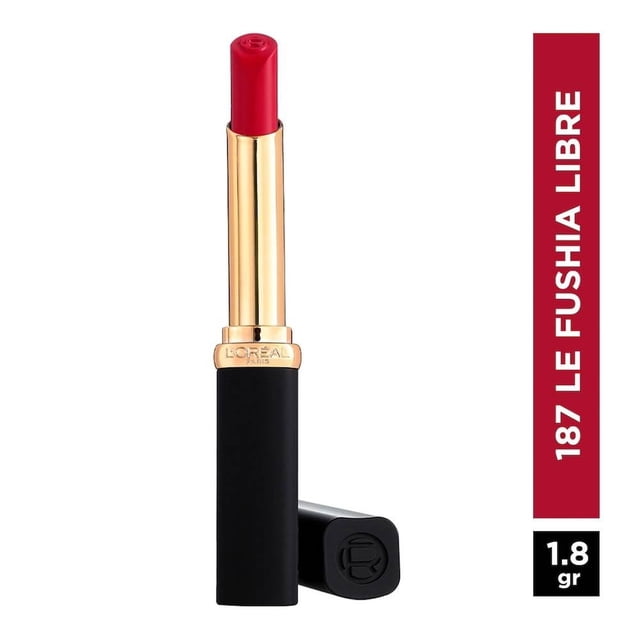 labial l'oréal riche intense volume matte 187 fushia libre 1.8 g labial en barra color 187 fushia libre con tubo negro y anillo dorado, barra extendida en vista frontal 3/4; fórmula enriquecida con ácido hialurónico y aceite de argán, acabado ultra matte de larga duración, a menudo usado por su tamaño compacto para llevar en bolso.