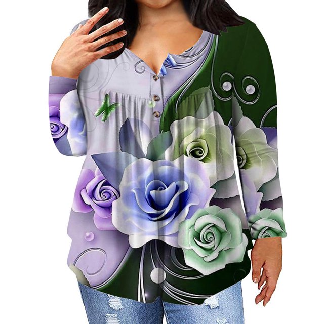 Ichuanyi liquidación de túnicas de talla grande para mujeres camisas de impresión de impresión Flowy verano botones plisados túnicas ICHUANYI WER202308216986