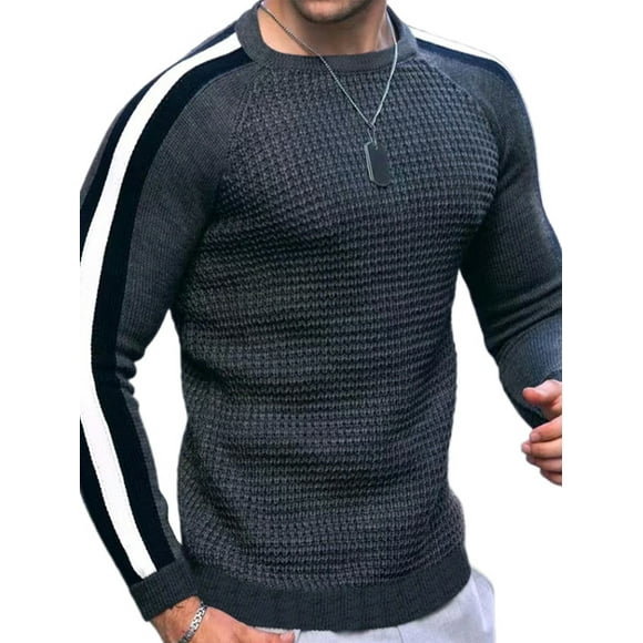 LUXUR Men's Jumper Knit Knitwear Raglan Sleeve Knitted Tops Warm Pullover Sweater Plain Outwear Dark Gray M