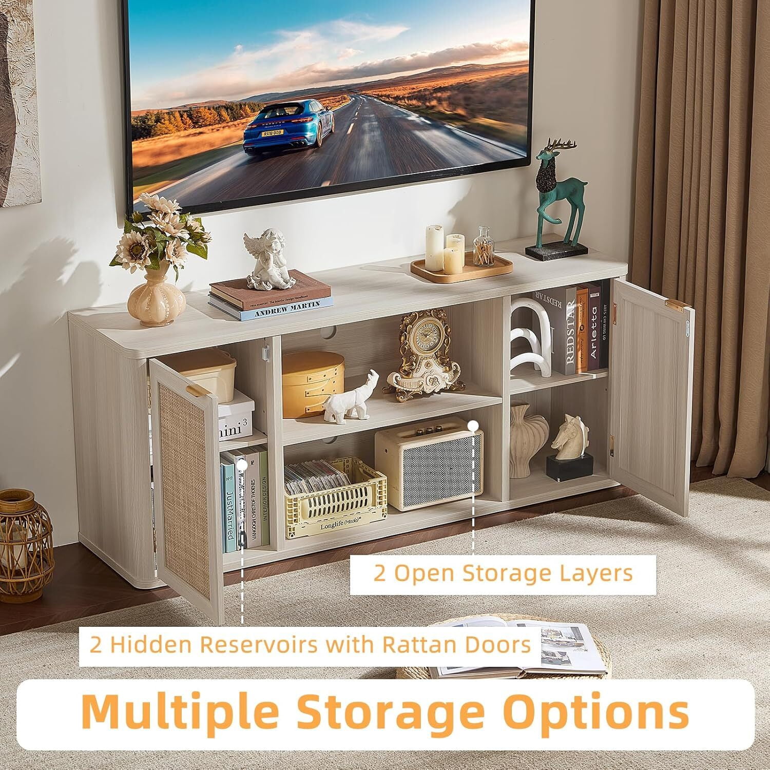 LEYAOYAO Rattan TV Stand for Tvs up to 65 inch, Wood Media Console for Living Room, Grey Oak