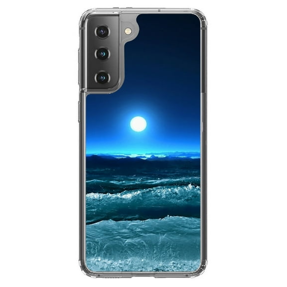 DistinctInk Clear Shockproof Hybrid Case for Galaxy S21 5G (6.2" Screen) - TPU Bumper, Acrylic Back, Tempered Glass Screen Protector - Moonlit Ocean Waves