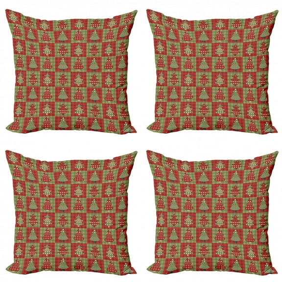 Ambesonne Christmas Throw Pillow Cover 4 Pack, Noel Trees Quilt, 18", Ruby Reseda Green