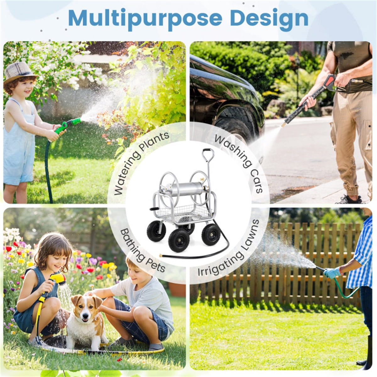 Heavy Duty Garden Hose Reel Cart with 10 Inch Pneumatic Wheels 300 FT Large Capacity Hose Winder with Storage Basket and Brass Fittings Mobile Outdoor Water Hose Holder Silver
