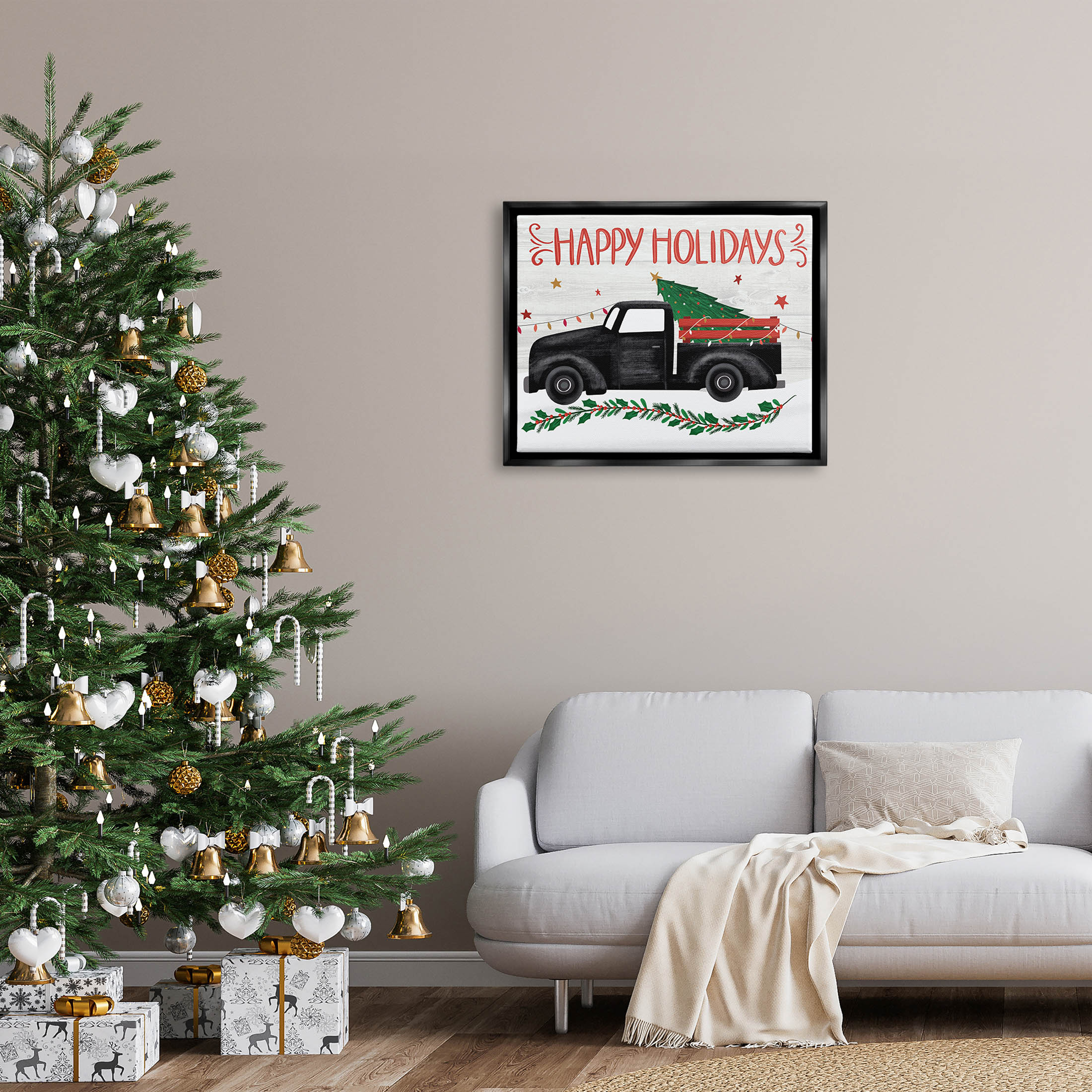 Happy Holidays Christmas Tree Truck Holiday Graphic Art Jet Black Framed Art Print Wall Art