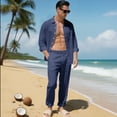 thumbnail image 2 of Men’s 2 Piece Linen Outfit Set – Casual Long Sleeve Button Down Shirt and Drawstring Pants for Summer Beach, Lightweight and Breathable, 2 of 5