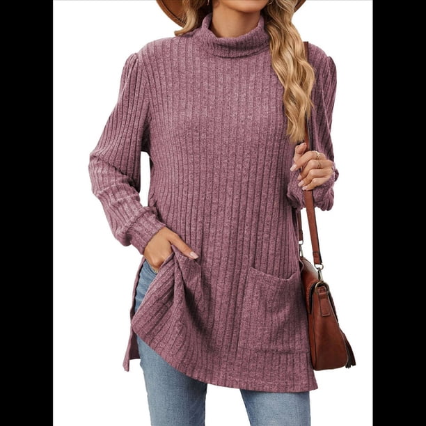 Camisas de Larga para Mujer, Blusas Túnica Casuales de Cuello Alto Rojo Púrpura XL