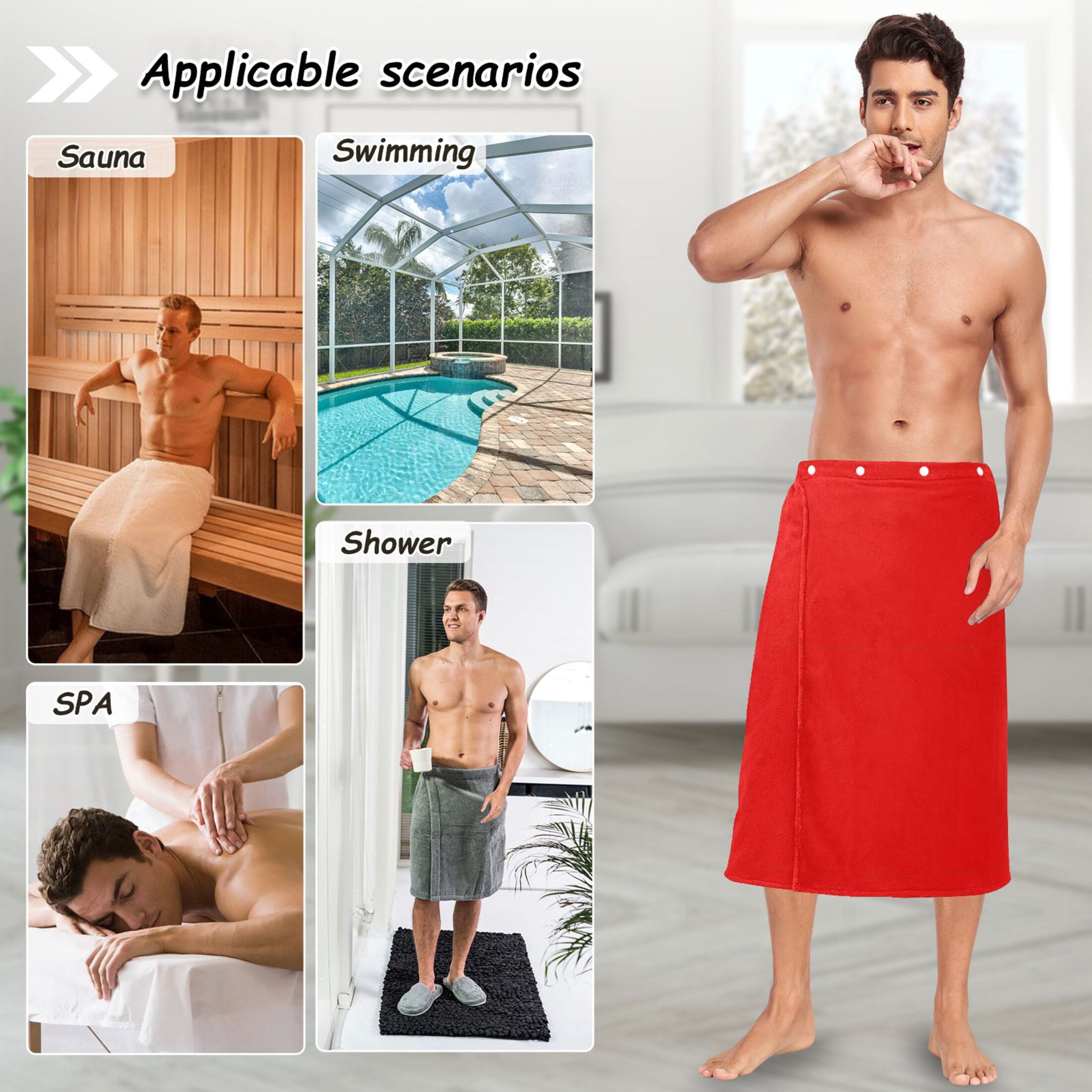 Mens Shower Wrap Adjustable Bath Wrap Towel Body Towels for Gym Shower Sauna Spa Red 60x28