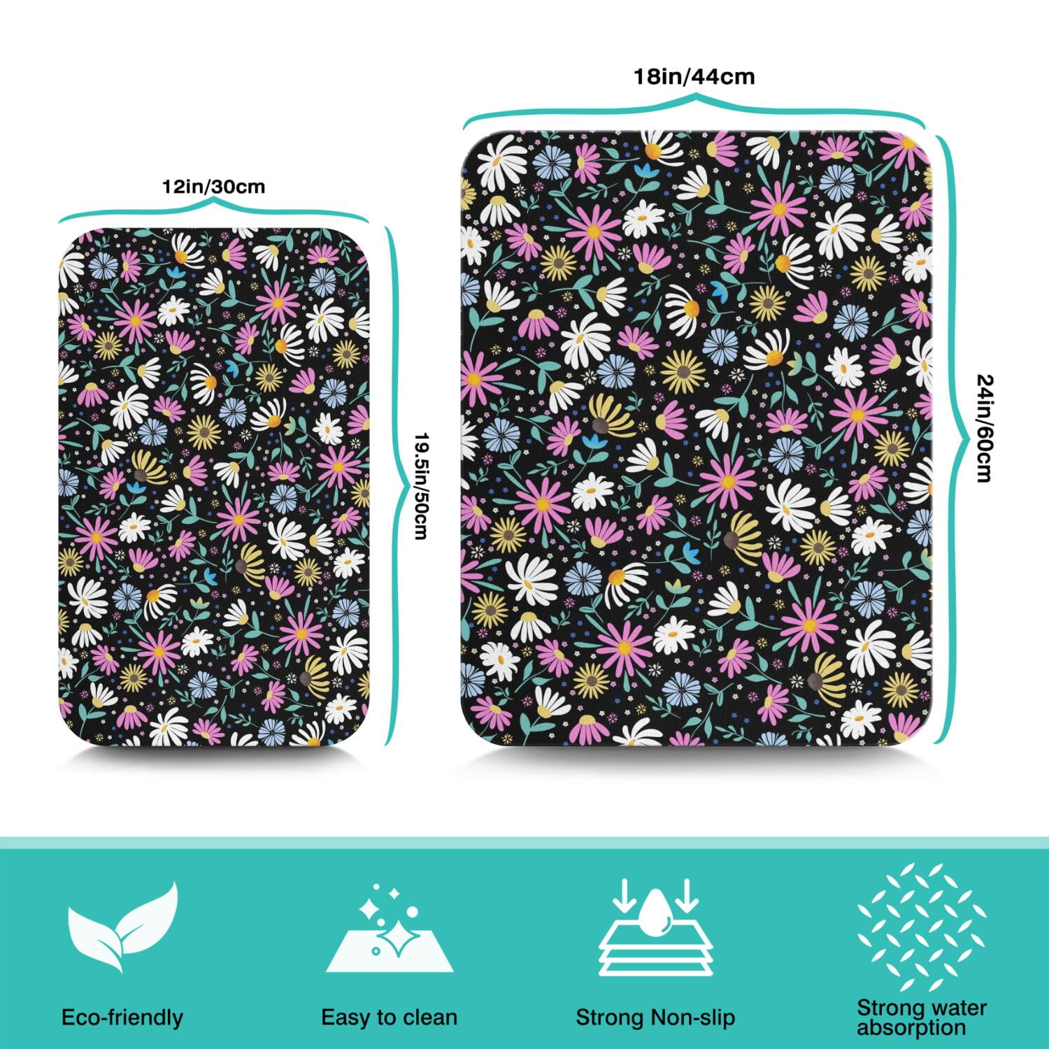 2 Pack Washable Rubber Daisy Cute Floral Dish Drying Mats for Kitchen Counter Home Large Coffee Bar Pad Accessories and Decor for Utensils Stemware (2pcs 18''x24''+19.5''x12'')