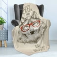thumbnail image 4 of Keep Calm Soft Flannel Fleece Throw Blanket, Humorous Sketch of Wolf with Glasses and Be Smart Typography, Cozy Plush for Indoor and Outdoor Use, 50" x 60", Pale Mustard Taupe, by Ambesonne, 4 of 5