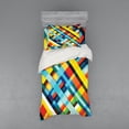 thumbnail image 2 of Colorful Duvet Cover Set, Vivid Colored Lines Stripes with Diagonal Elements Retro Layout with Modern Touch, Bedding Set with Shams and Fitted Sheet, 3 Sizes, by Ambesonne, 2 of 3