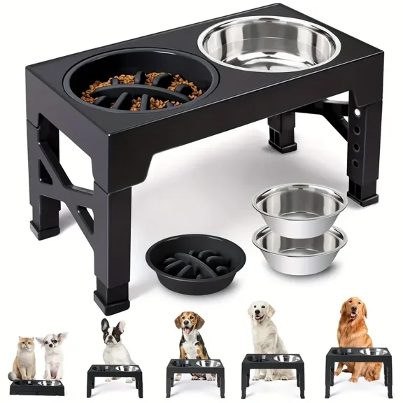Elevated Dog Bowls with 2 Stainless Steel Dog Food Bowls, Raised Dog Bowl Adjusts to 5 Heights