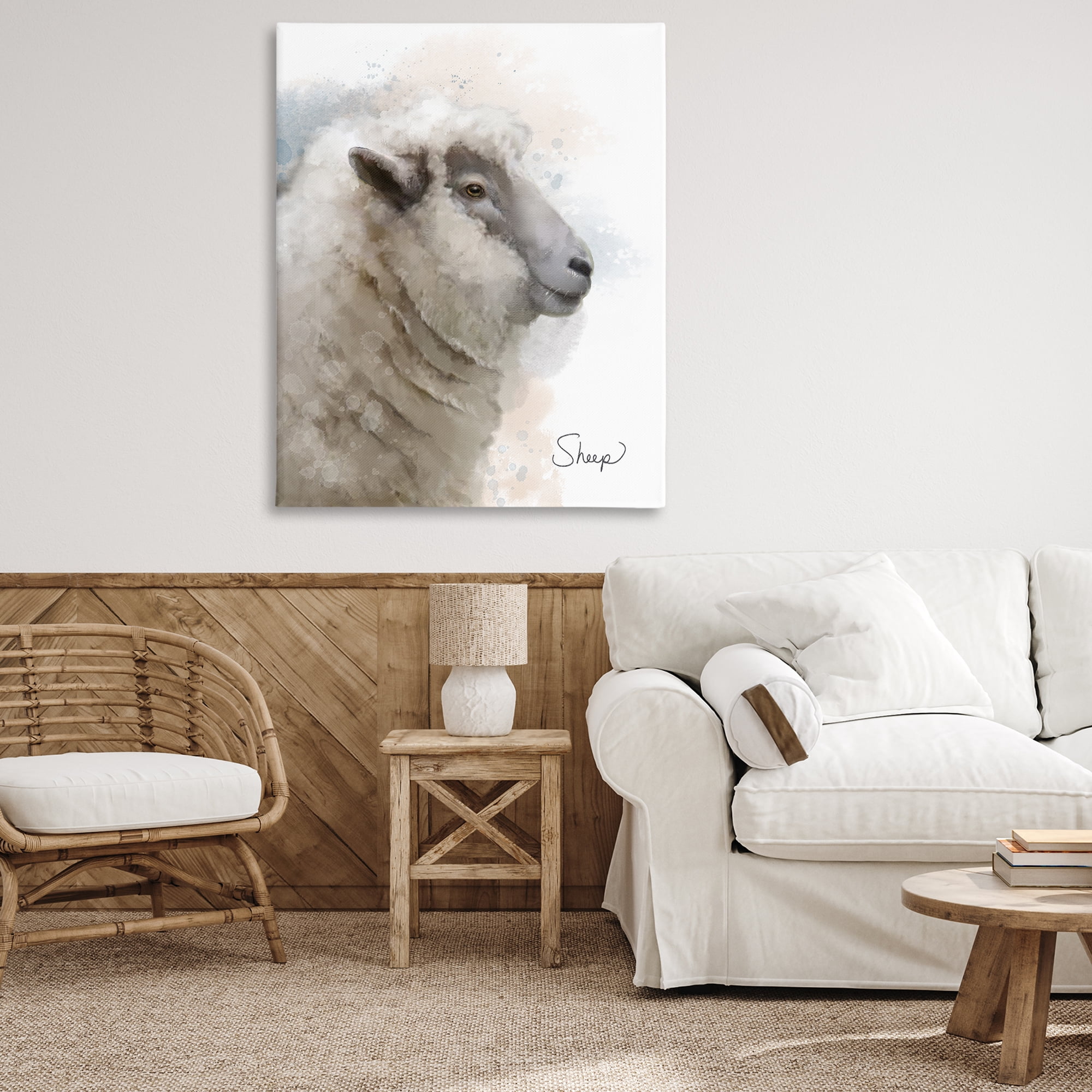 Stupell Industries Smiling Farm Sheep Animals Painting Wrapped Canvas Art Print Wall Art, 36 x 48