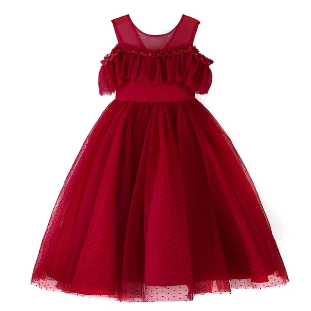 Vestido Para Niñas, Ropa Para Niñas, Vestido Para Niños, Sin Mangas, Un Hombro, Vestido De Princesa, Malla De Flores, Vestido De Lunares, Borgoña Odeerbi LM103-5801