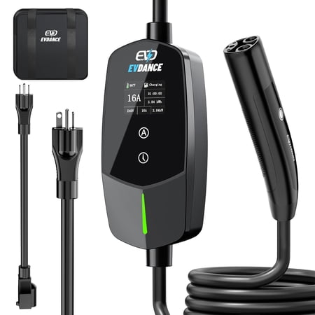 EVDANCE Level 1 & 2 EV Charger for Tesla 16A, Portable Electric Vehicle Charger with 25FT Cable, Adjustable Current & Timer Delay, NACS Connector Compatible with All Tesla Models S/3/X/Y/Cybertruck