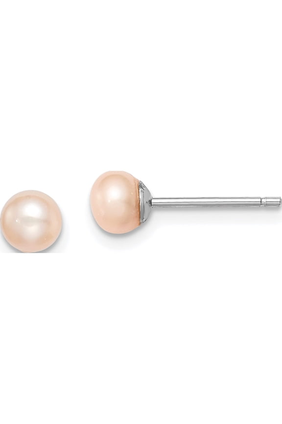 Sterling Silver Rh-Plated 4-5mm Pink Fw Cultured Button Pearl Stud Earrings Made In Canada qe12683