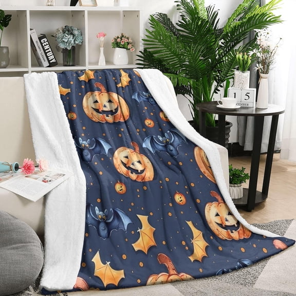 Bat Pumpkin Halloween Pattern Blanket,Comfortable Soft Flannel Throw Blanket,All Season,Warm Lightweight Blankets for Sofa Bed Couch Living Room Chair,50"x60"