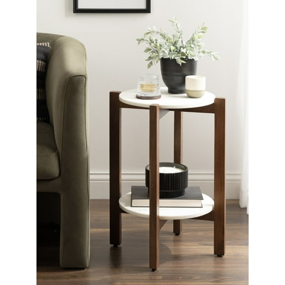 Kate and Laurel Moxley Transitional Round Side Table, 16 x 16 x 22, White Marble and Walnut Brown, Tiered Pedestal Table with Authentic Marble Tabletops for Bedroom Nightstand or Indoor Plant Stand