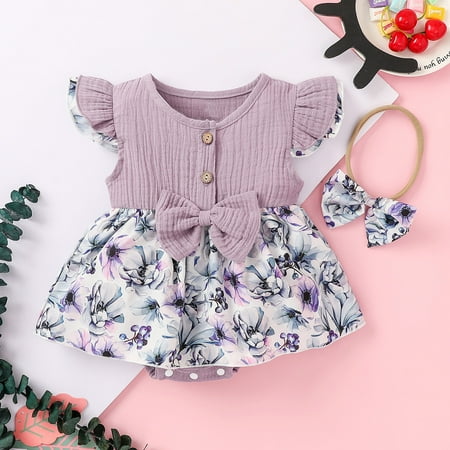 

RPVATI Baby Girls with Headband Summer Rompers Bowknot Infant Outfits Floral Printed Flying Sleeve Cotton Linen Jumpsuit 0-18M