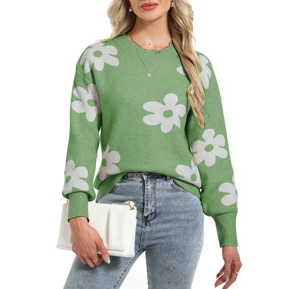 Women Sweaters Cute Flower Print Crewneck Sweater Knitted Long Lantern Sleeve Jumper Tops Fall Winter Pullover Sweater Alsol Lamesa