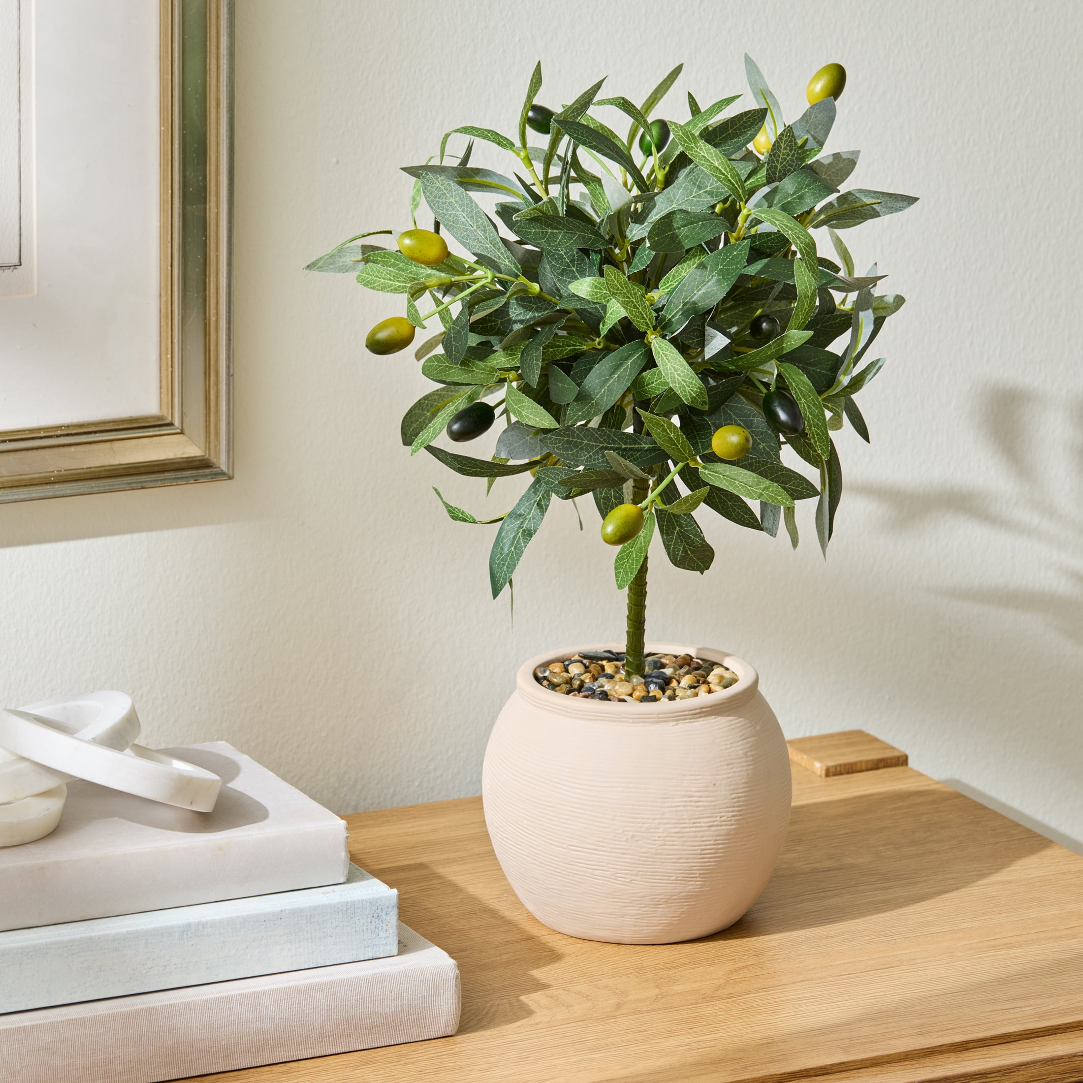 Better Homes & Gardens Realistic Artificial Olive Plant with Tan Ceramic Vase, 15-Inch