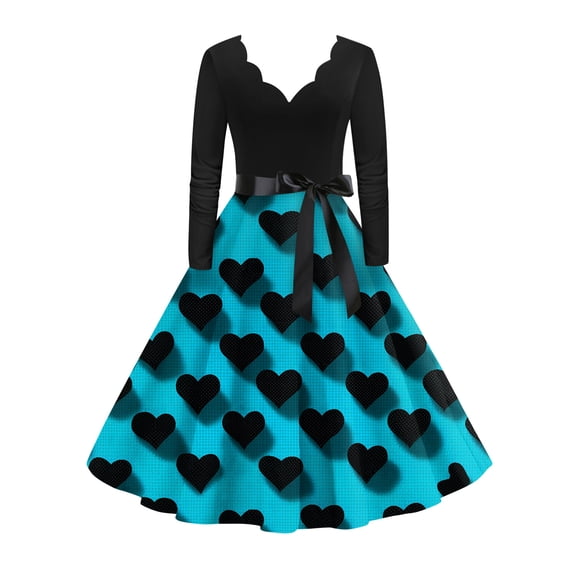 Fgvctg Valentine'S Day Dresses For Women Elegant V Neck Vintage Dresses Cocktail Love Heart Graphic Casual 50S Tea Dress Long Sleeve Elegant Dressy Clothes Royal Blue 3XL