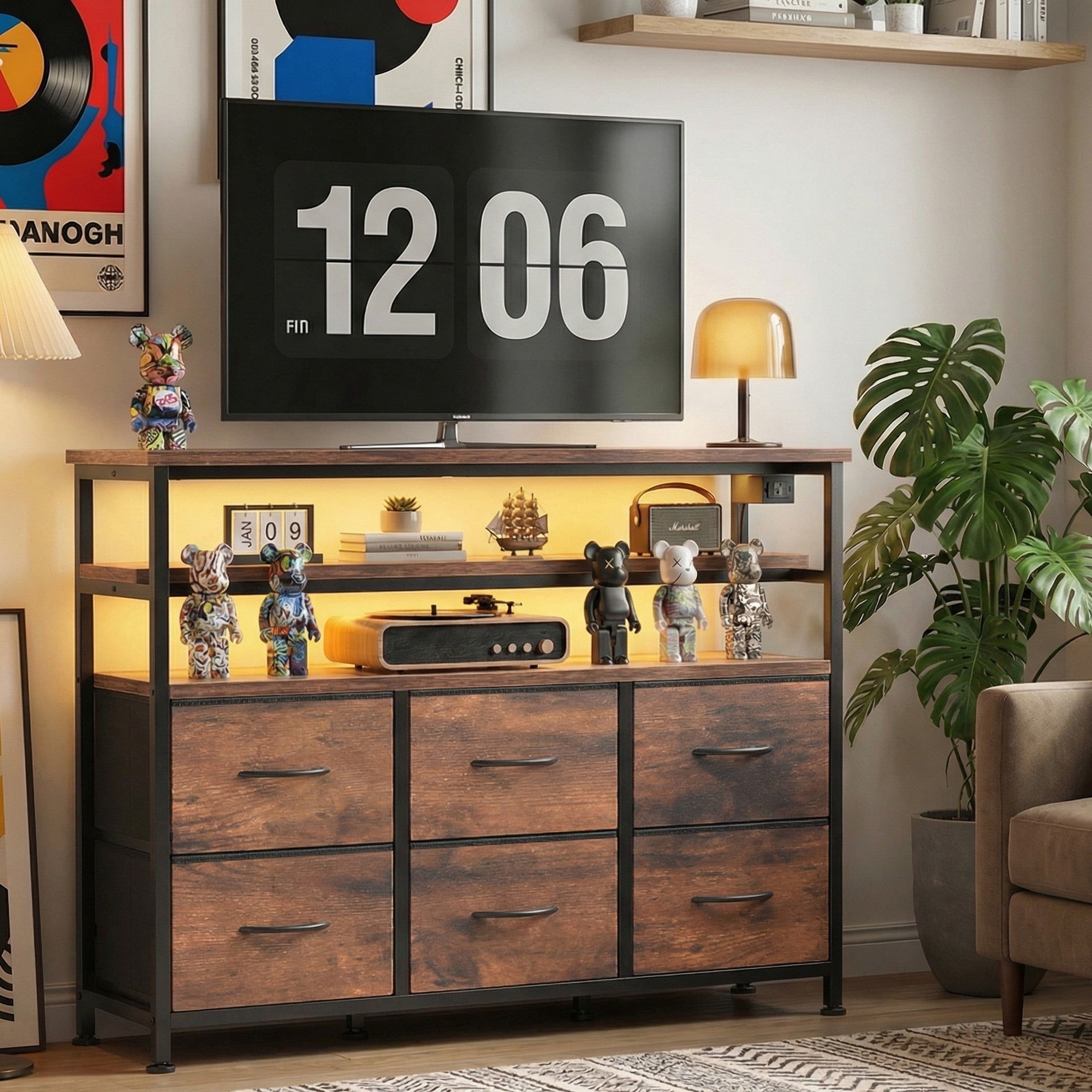 EDX 6-Drawer Fabric Dresser with Power Outlets and LED Light, TV stand for Bedroom, Living Room, Hallway, Rust