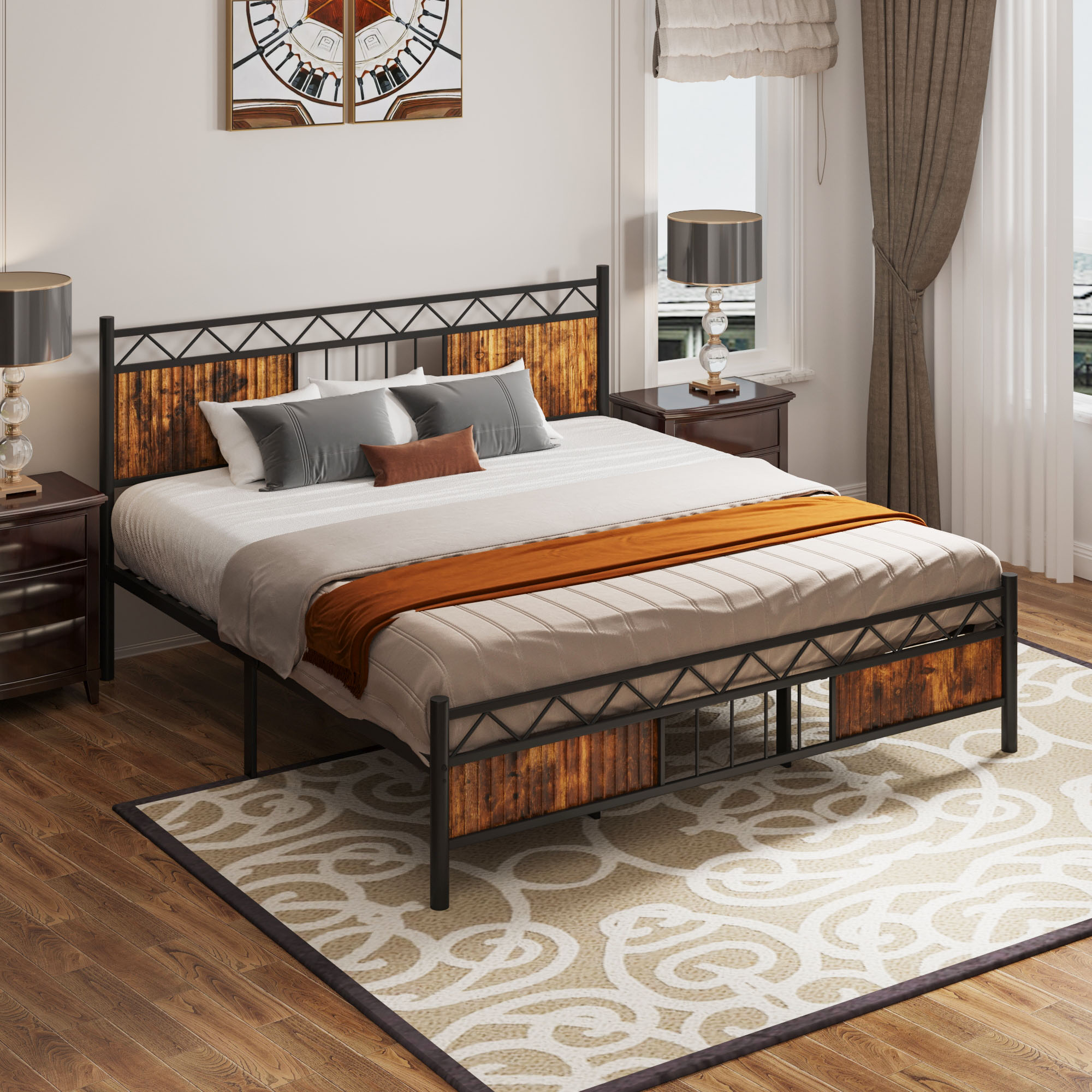 DEXTRUS King Size Platform Metal Bed Frame with Headboard & Soundproof Cotton, Black & Brown
