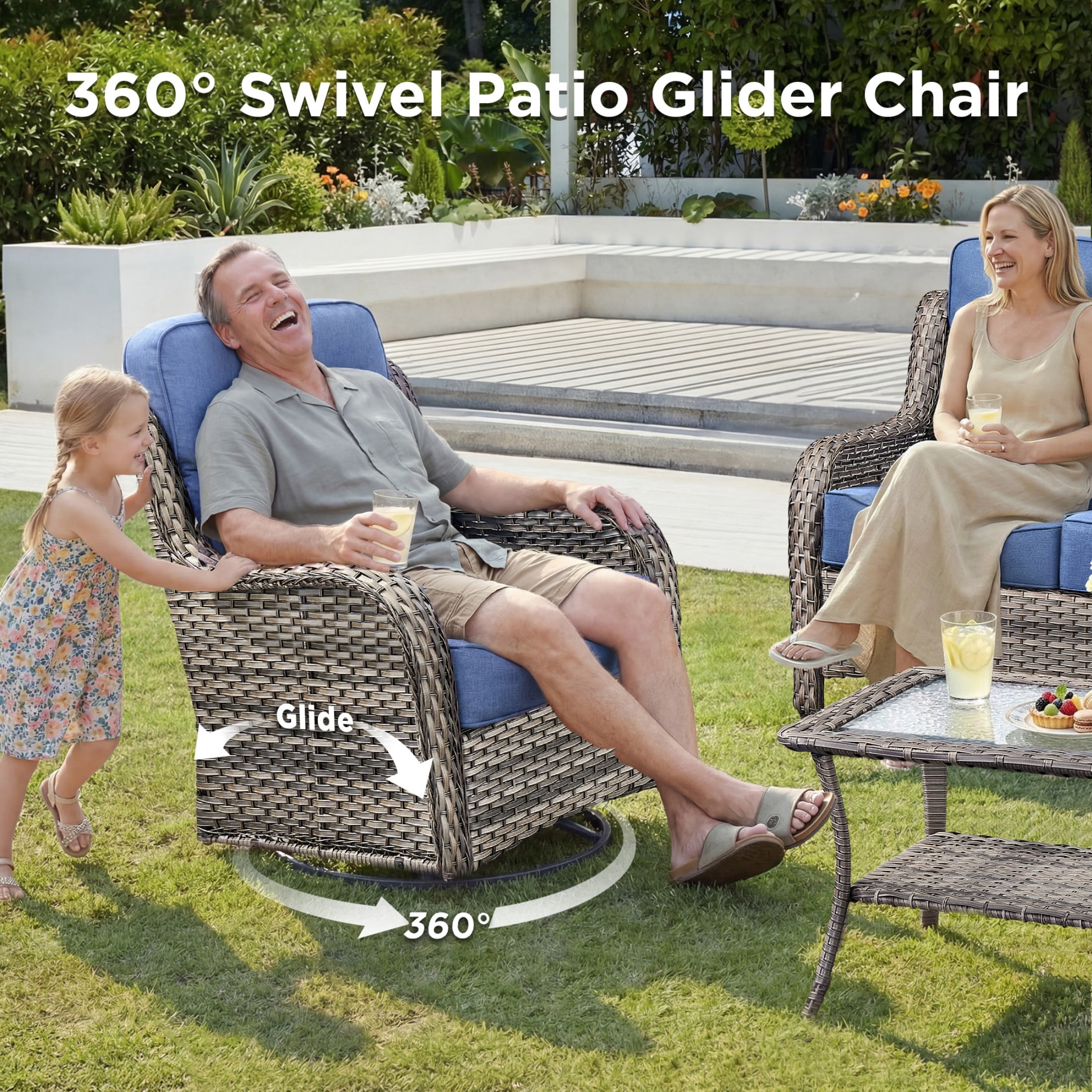 Unnifurnzi Outdoor Swivel Glider Patio Chairs-Patio Swivel Chairs Set of 4 with 6 Inch Thick Cushions High Back Patio Chairs for Deck Porch Poolside Balcony-Gray/Blue