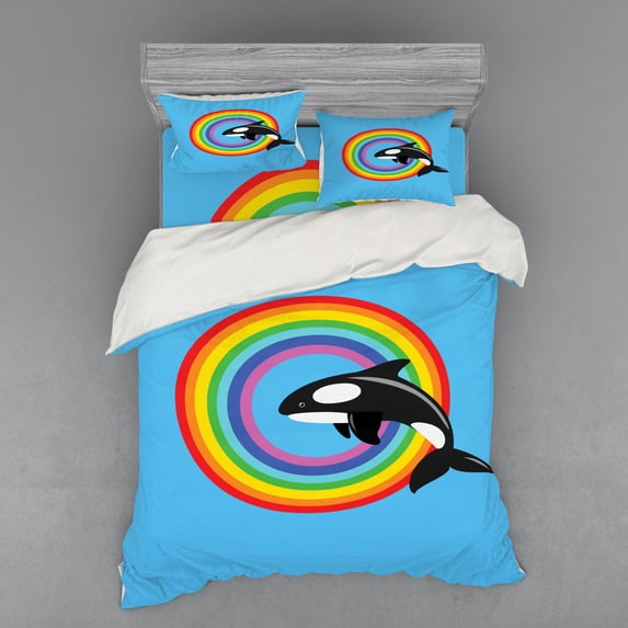 Ambesonne Animal Bedding Set 4 Pcs, Rainbow Round and Whale, Queen, Multicolor