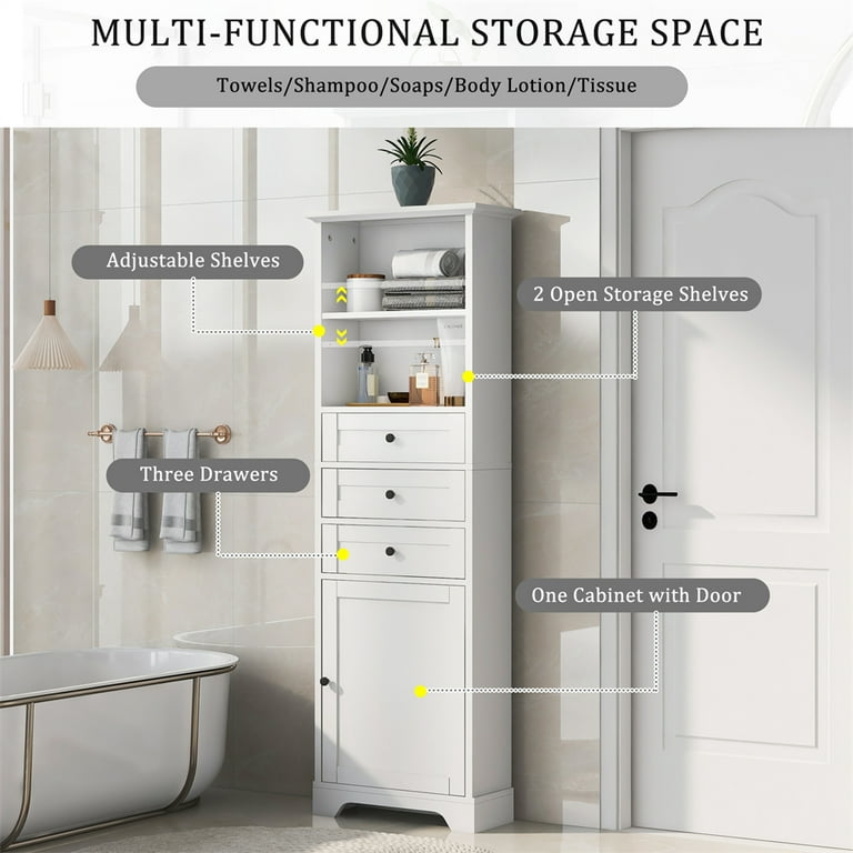Freestanding Storage Tall Bathroom Cabinet with Adjustable Shelf and  Drawer, White