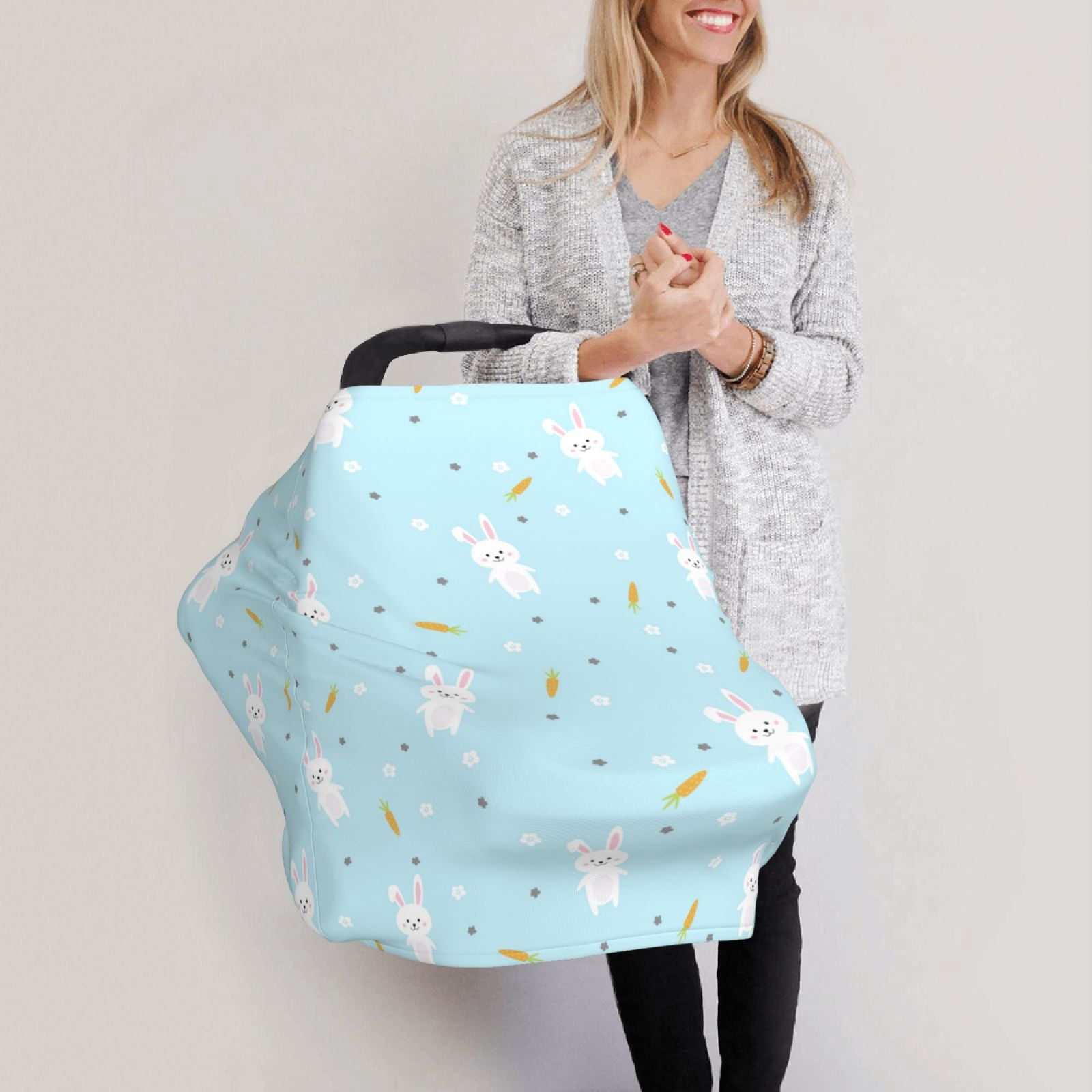 Fotbe Cute Bunny Pattern Car Seat Covers for Babies, Nursing Breastfeeding Cover Infant Carseat Canopy, Soft Stretchy Carrier Cover